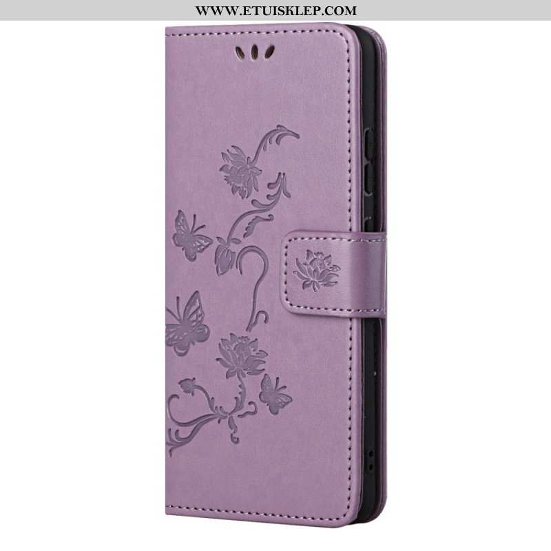 Etui Folio do Samsung Galaxy M52 5G z Łańcuch Pasek W Motyle I Kwiaty